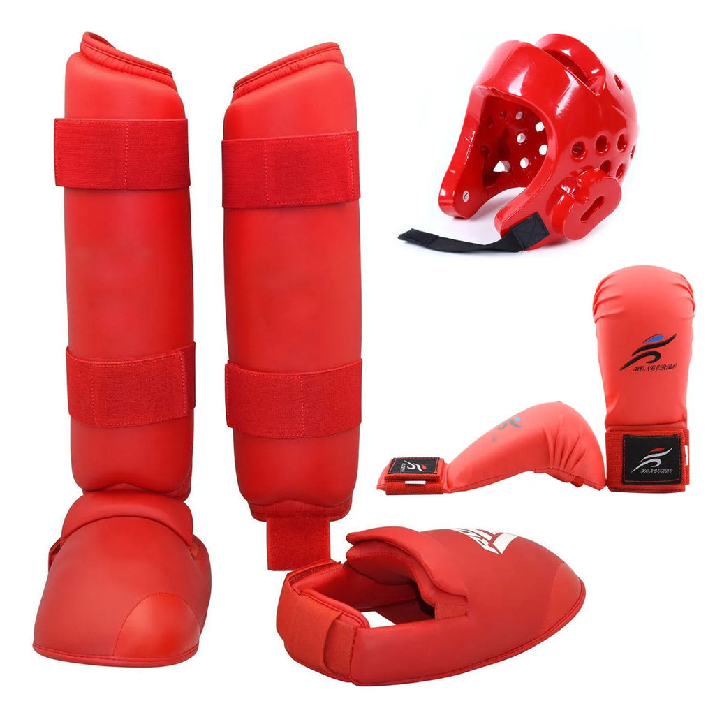 Martial arts protective gear set with red leg guards, helmet, and boxing gloves for karate training