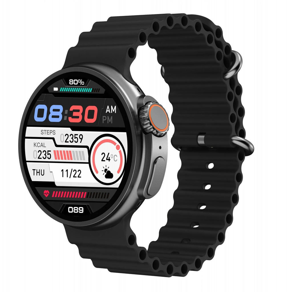 K9 smart watch with round screen in black, orange, silver brown, or yellow with silicone strap