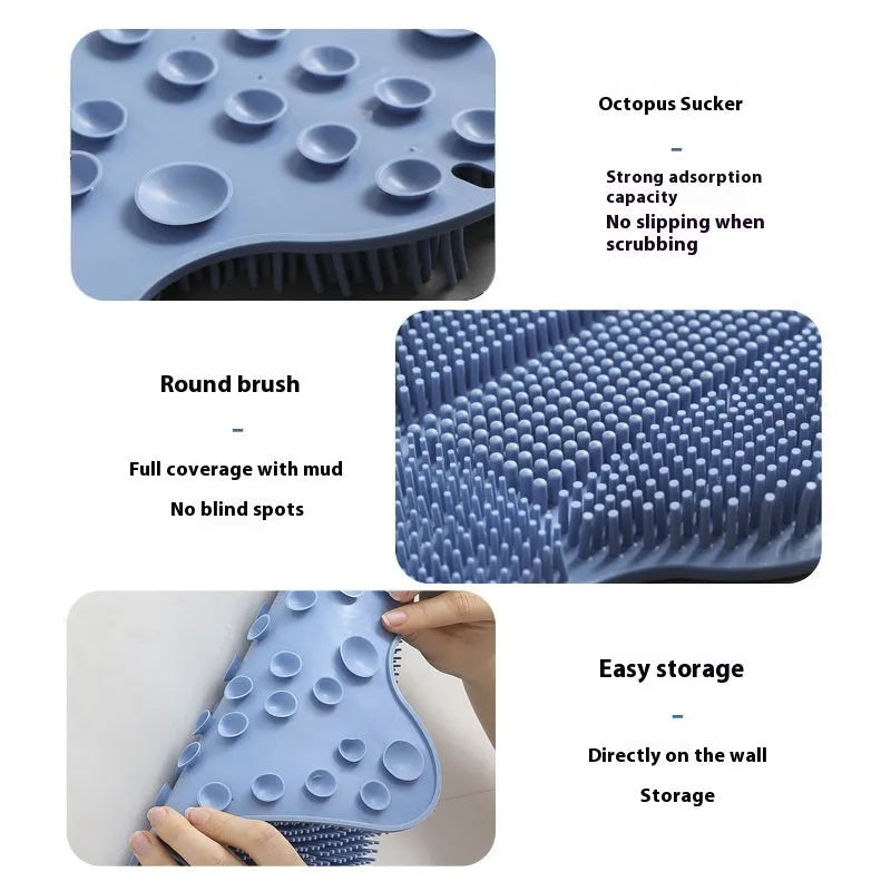 Blue silicone bath rub cushion massage mat for back scrubbing, shown with soft bristles.