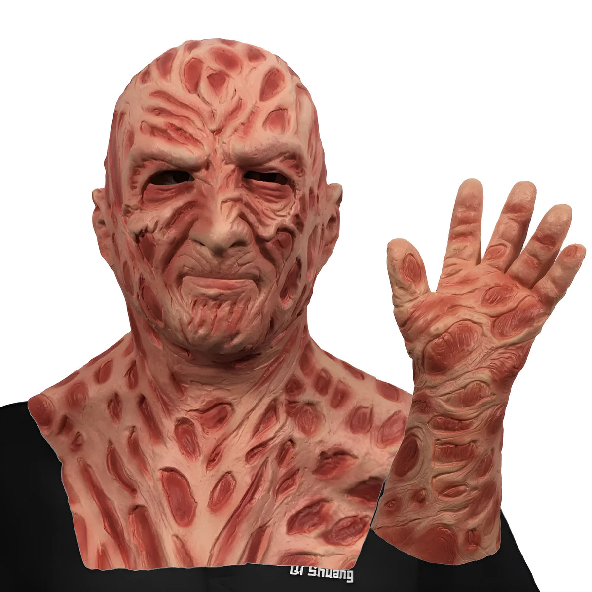 Skin colour latex horror grimace mask and gloves set with Freddy styling for Halloween