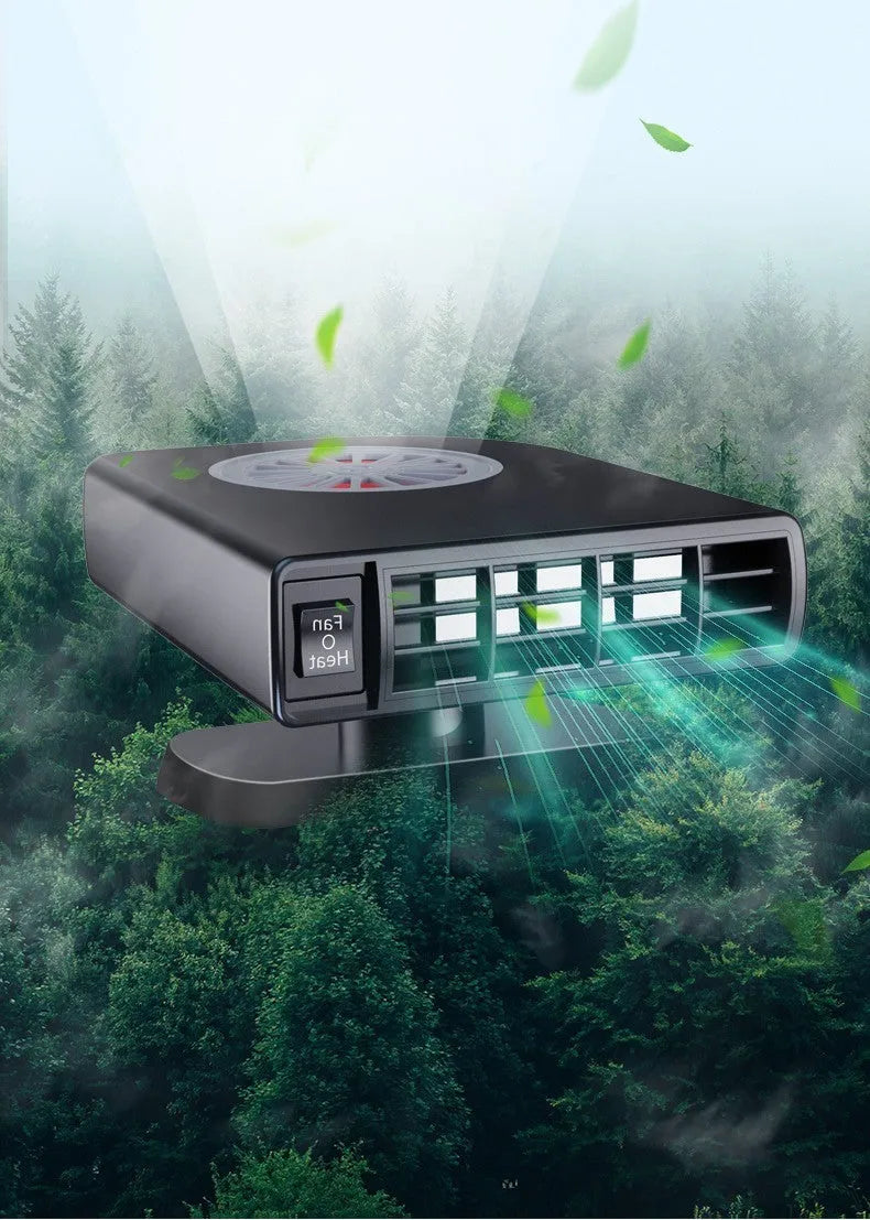 Black ABS vehicle-mounted car heater for defogging, shown with adjustable vents and double-sided adhesive.