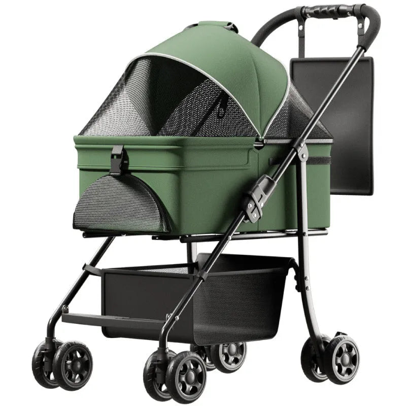 Black metal folding pet cart with removable design for dog and cat transport