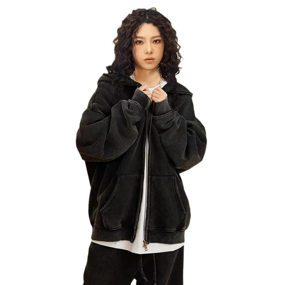 Men's vintage fleece-lined hooded cardigan with a double zipper front in a washed colour.