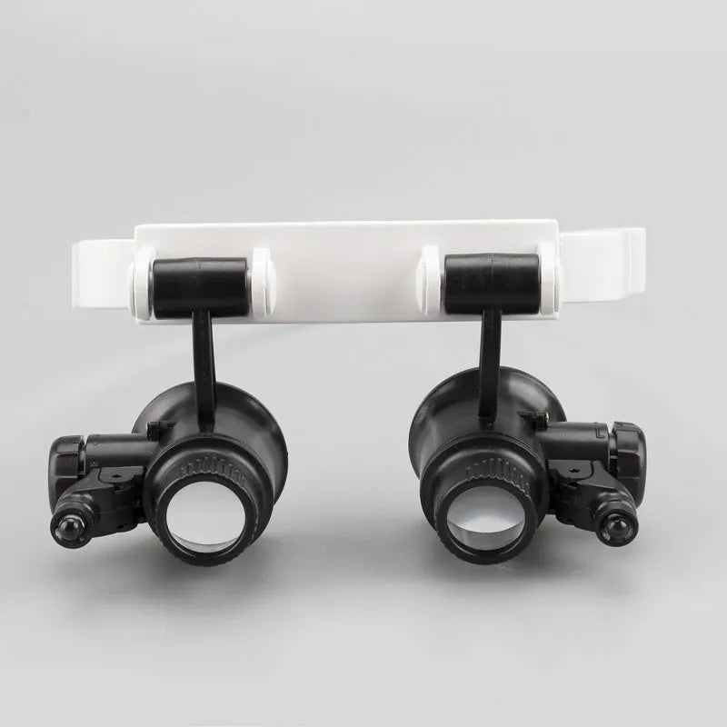 White head mounted magnifying glass with 30 optical glass lenses, folded ABS plastic frame, and LED light for close-up work