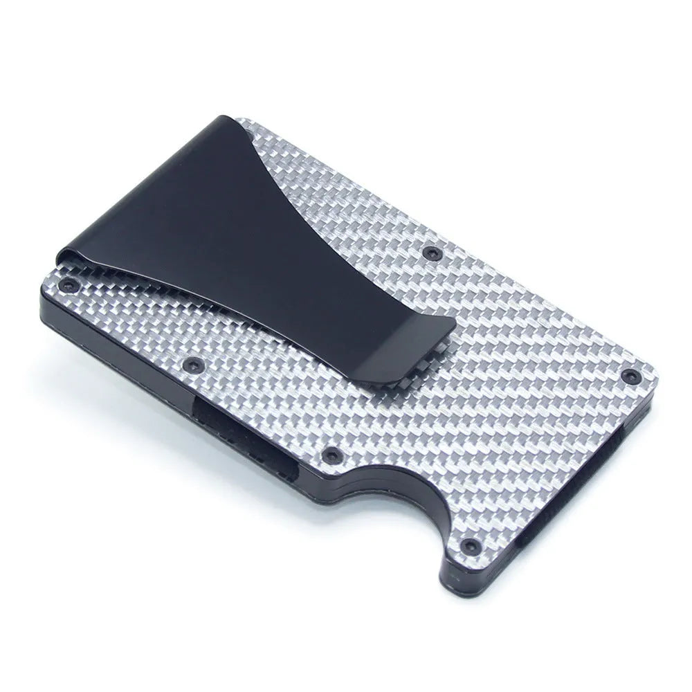 Slim geometry card holder wallet in carbon fibre or aluminium, holds six to fifteen cards, 8mm thick