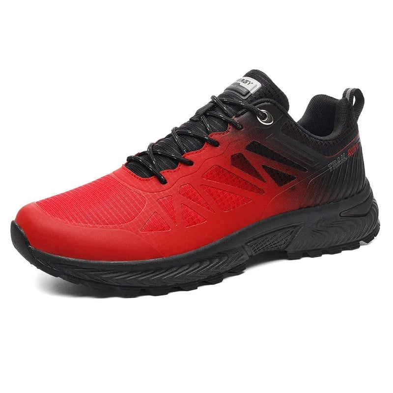 Men's black breathable mesh outdoor running shoe with lace-up front and rubber sole