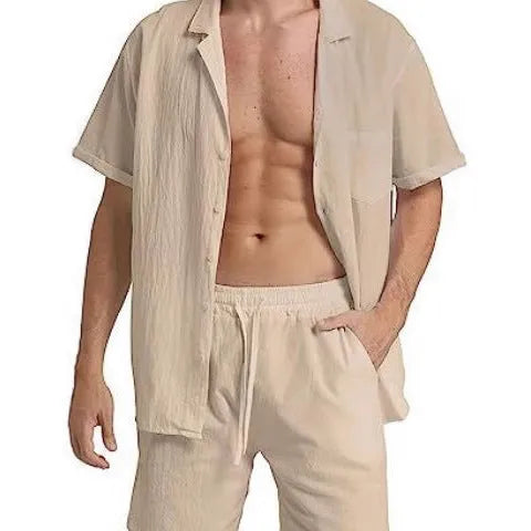 Men's flax summer sports suit with short sleeves and matching shorts in multiple colour options