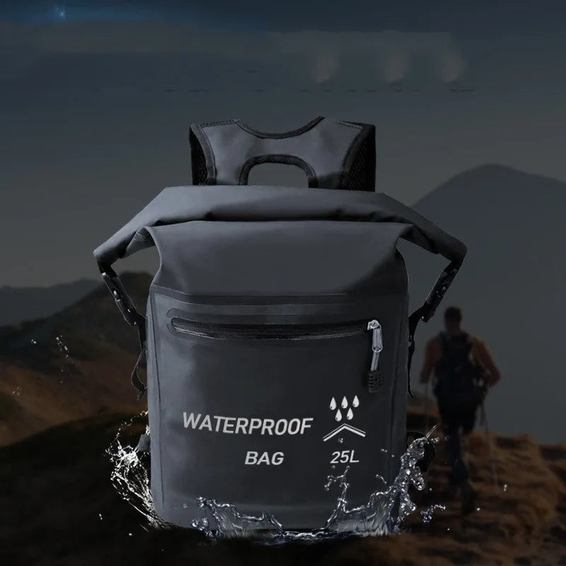 Black 25-litre waterproof outdoor backpack with 500D mesh for swimming and rafting