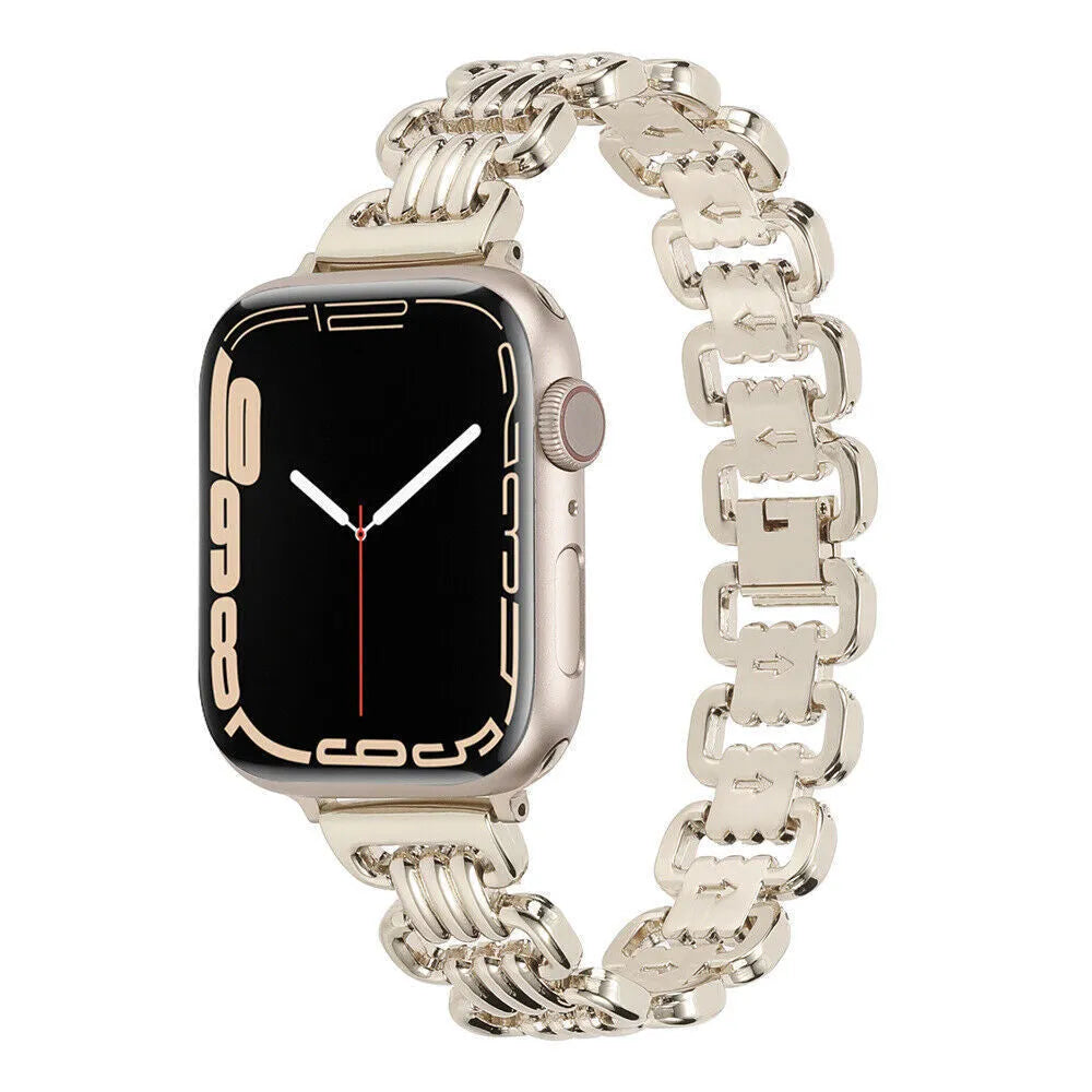 Alloy metal Apple Watch replacement bracelet in silver, black, gold, rose gold, and starlight colours with adjustable clasp.