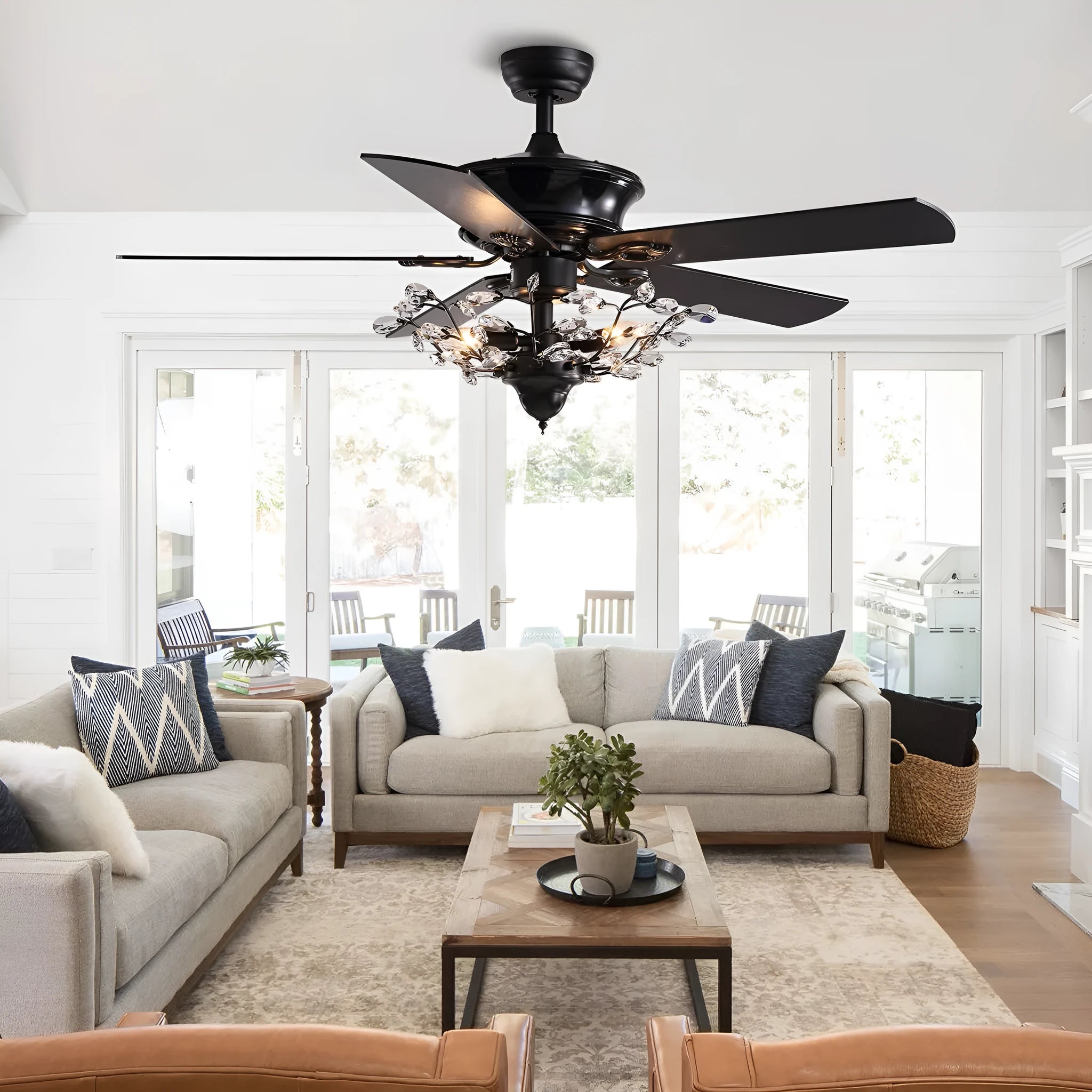 52-inch wooden ceiling fan with remote control and light, wood blades and shade, three bulb holders