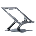 Grey adjustable aluminium laptop stand in folded and unfolded positions showing hollow design