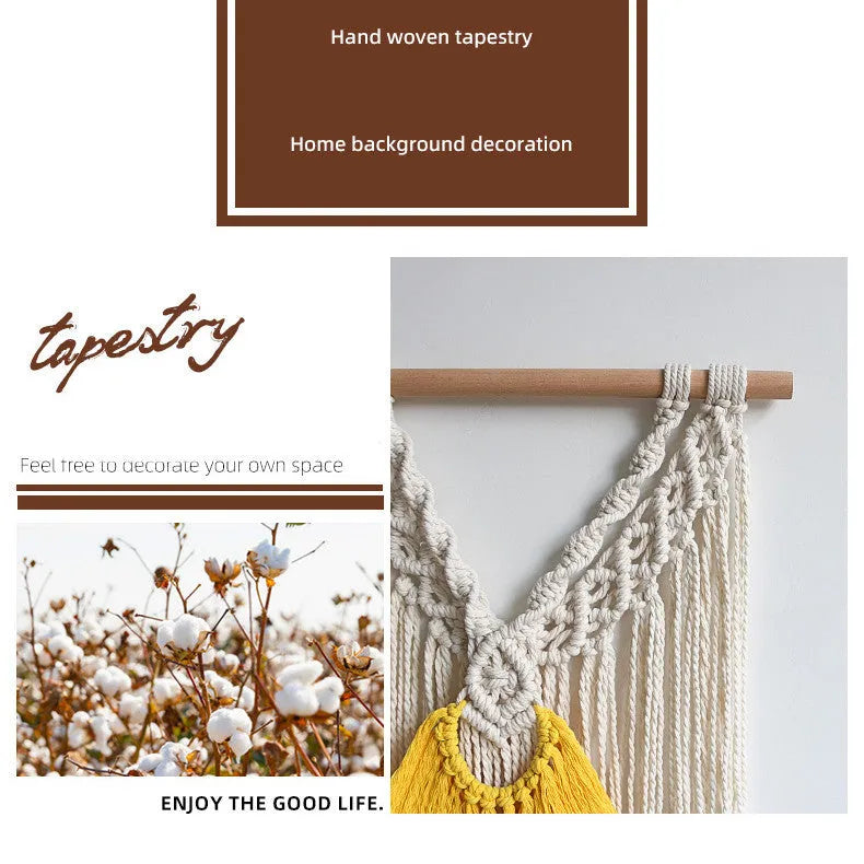 Hand-woven cotton Nordic tapestry wall hanging with creamy white and yellow colours