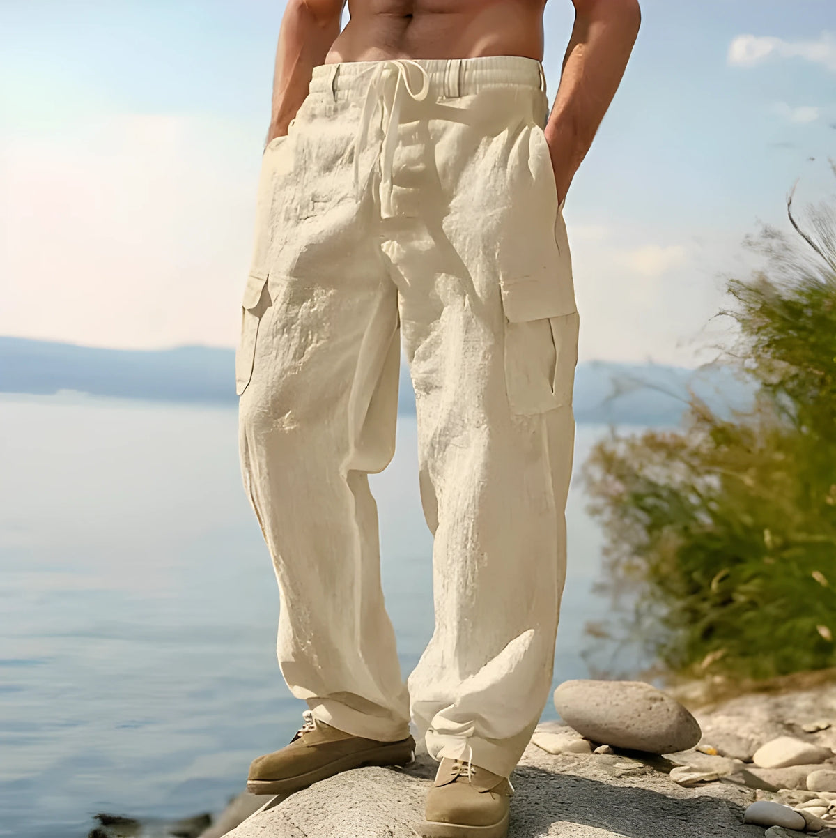 Men's cotton wide-leg trousers in light army green colour showing loose fit and mid waist design