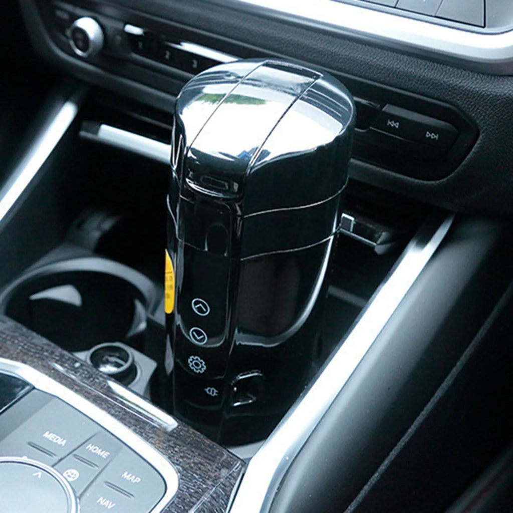 Black ABS and stainless steel electric car warm water cup with charging cable, 400ml capacity, 22cm height