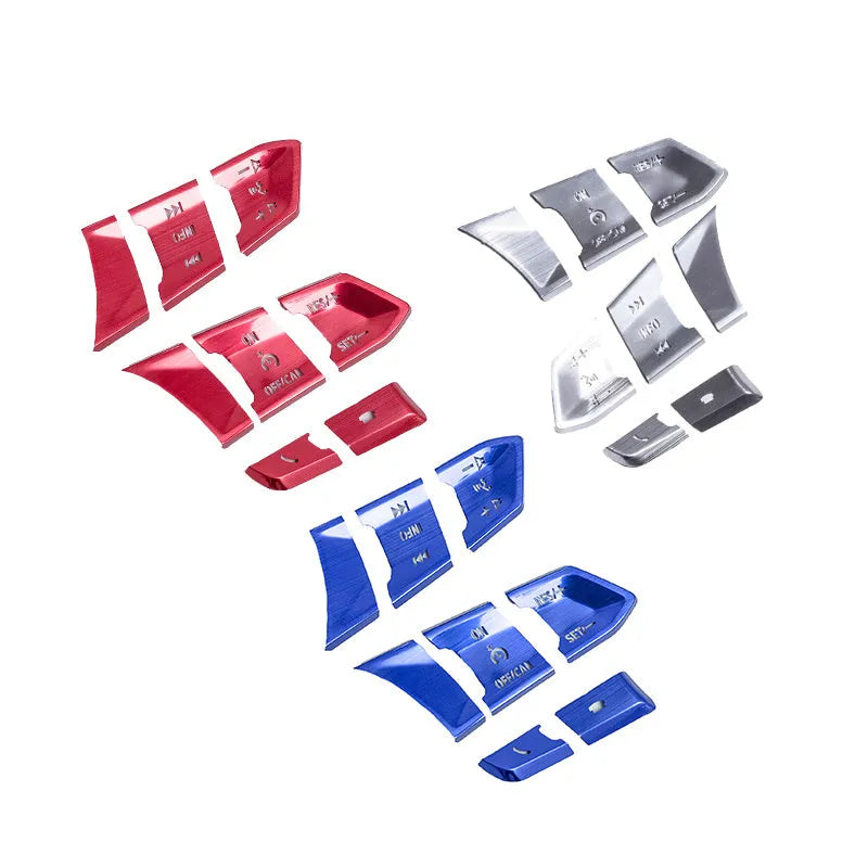 Eight aluminium alloy steering wheel decorative stickers with hollow button design in brushed metallic finishes