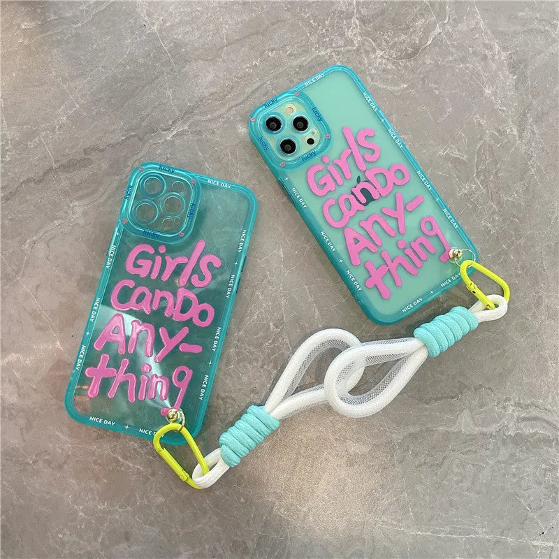 Graffiti personalised TPU phone case for iPhone with detachable blue lanyard, showing blue-haired girl or green crocodile artwork.