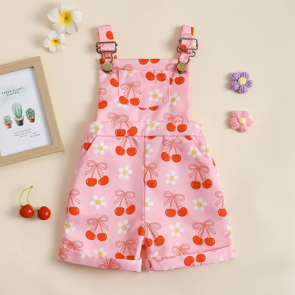 Baby flower cherry print cotton suspender pants in bright pink for toddlers fifth length