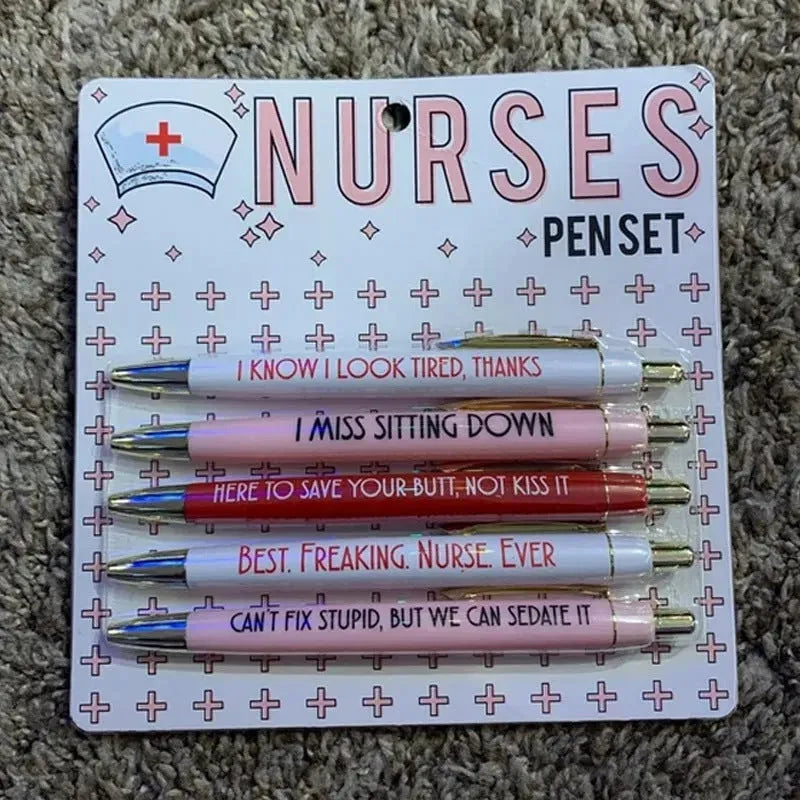 Five nurse-themed retractable ballpoint pens displayed together