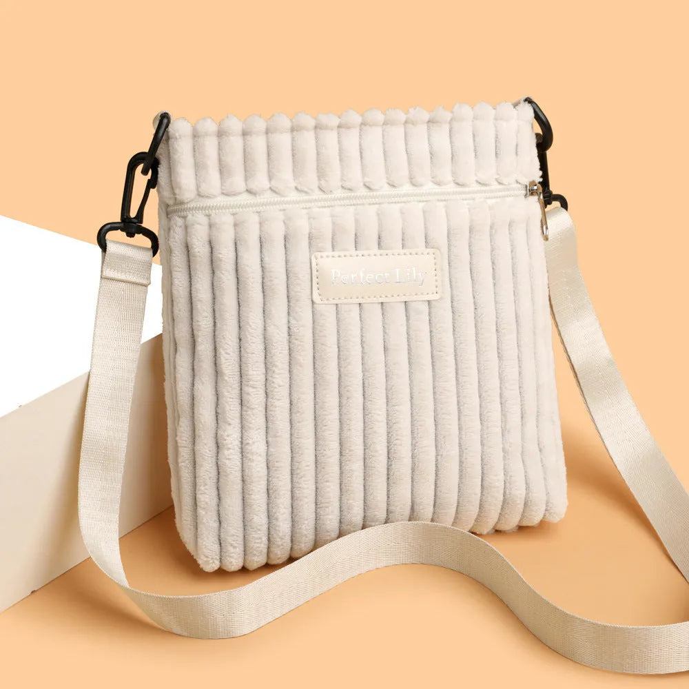 Women's corduroy shoulder messenger bag in beige, horizontal square shape, single strap
