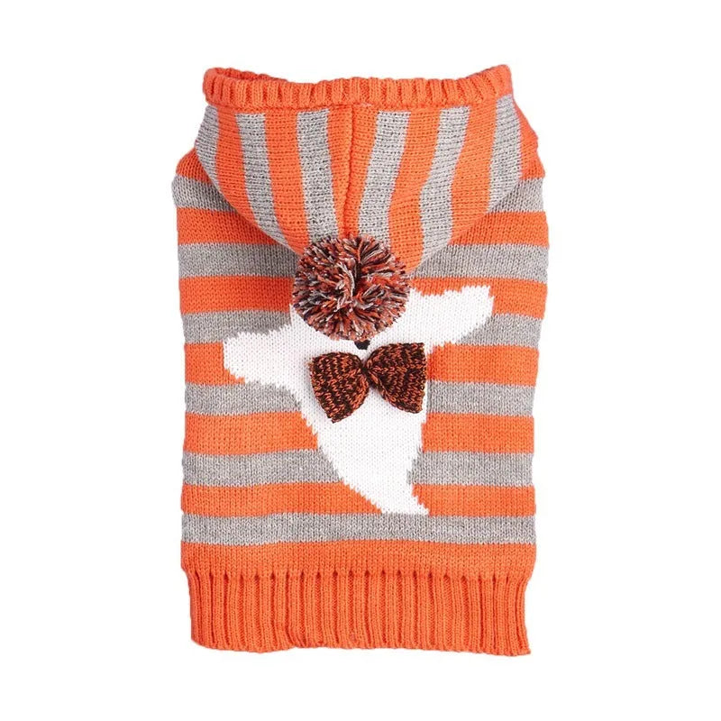 Orange Halloween pet sweater with contrast stripes, hood, and fur ball trim for dogs and cats