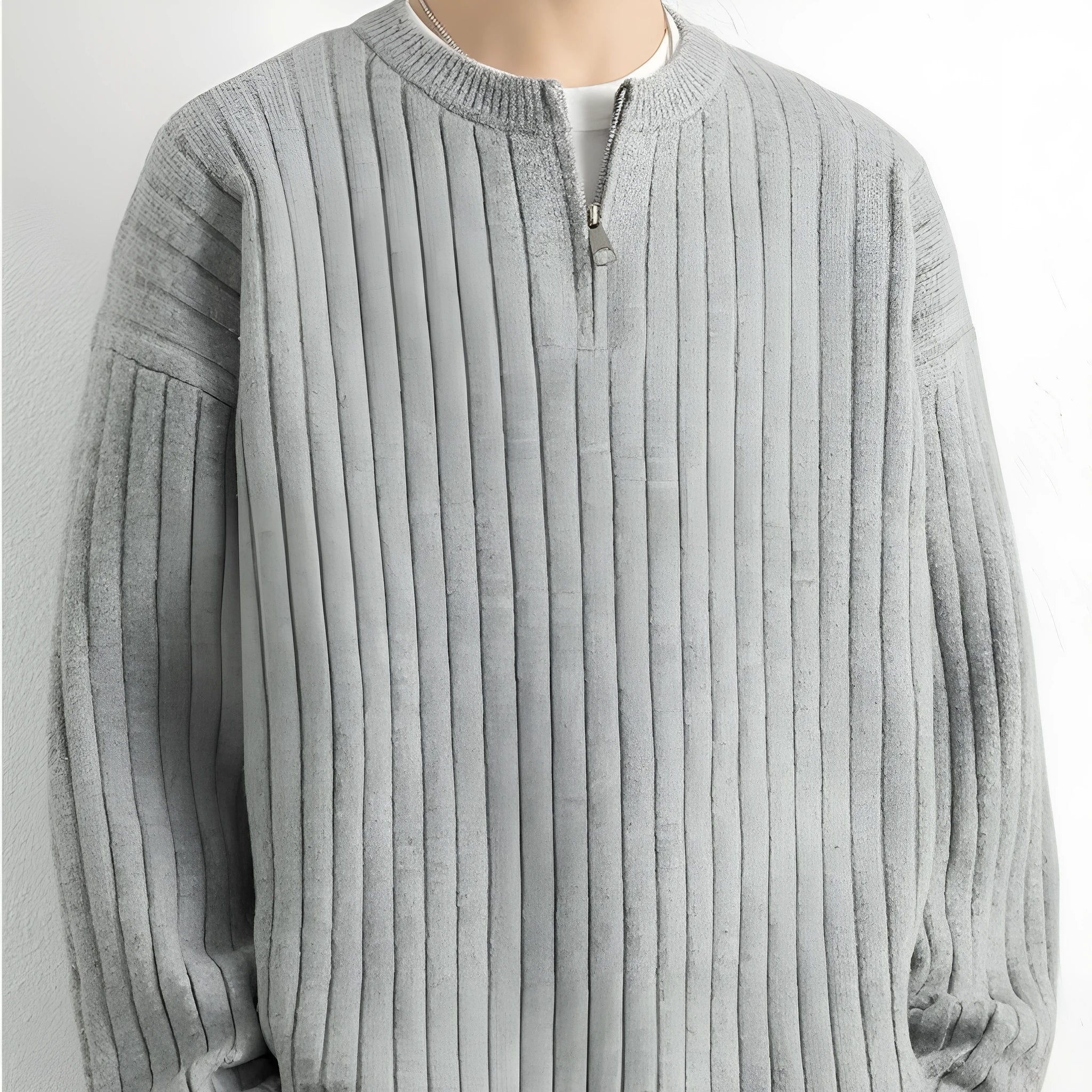 Men's grey half-zip knitted sweater with texture pattern and loose fit design