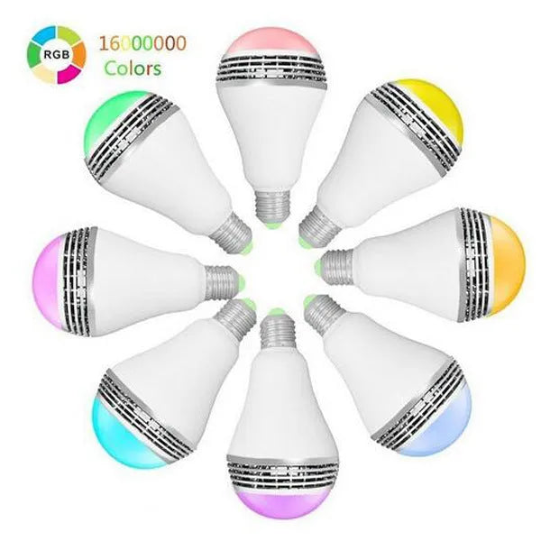 E27 smart LED bulb with Bluetooth speaker, showing white plastic body and multi-colour RGB light glow.