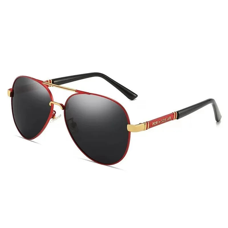 Men's polarised sunglasses with a gold metal frame and grey lenses featuring dragon and phoenix decoration.