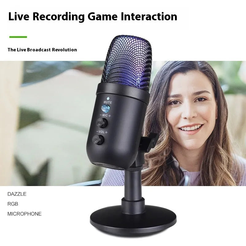 Black USB microphone with RGB lighting for computer and mobile live streaming and gaming