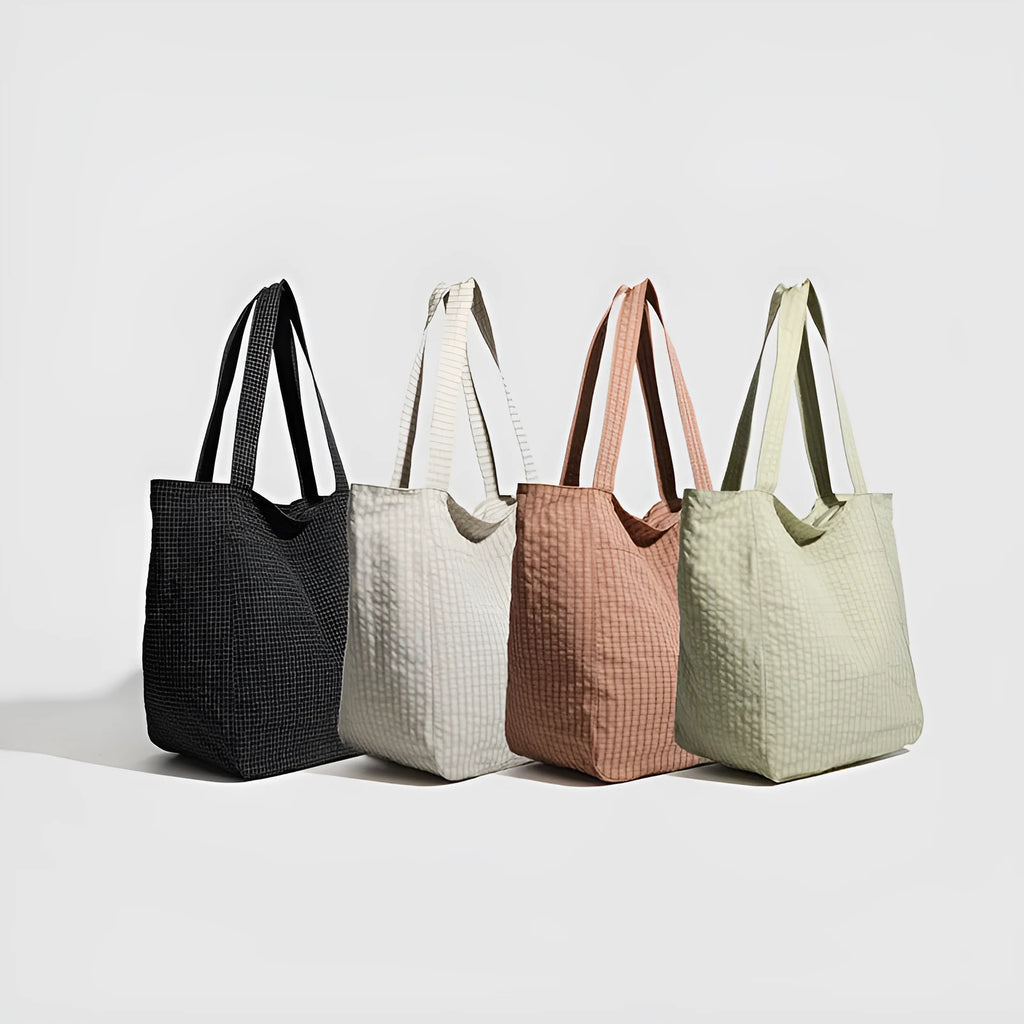 Polyester striped seersucker women's shoulder bag in soft horizontal square shape with three-dimensional pocket