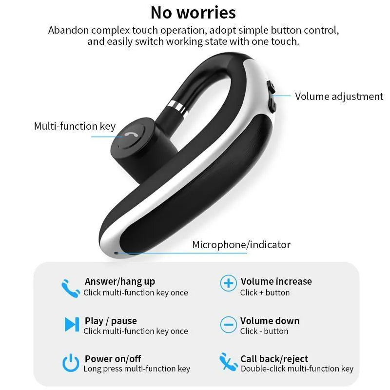 Wireless ear Bluetooth headset with hanging ear design in black, featuring battery display for calls and music