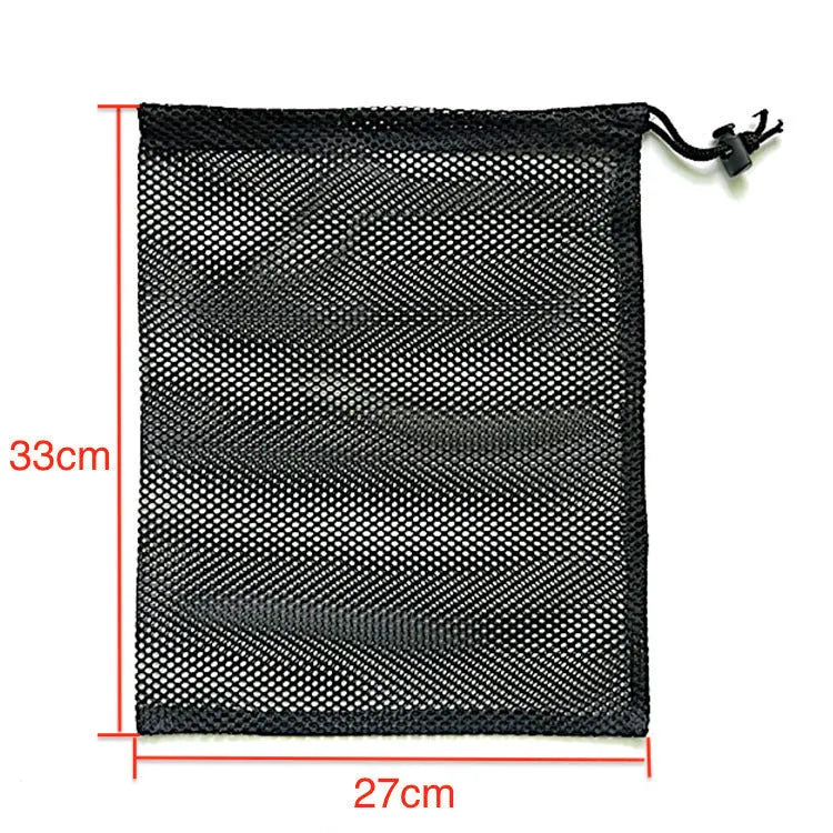 Black drawstring mesh storage bag shown in multiple sizes for toy organisation