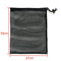 Black drawstring mesh storage bag shown in multiple sizes for toy organisation