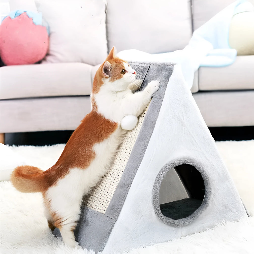 Triangular cat scratching bed with fur cover in gray white or light brown beige color options for pets