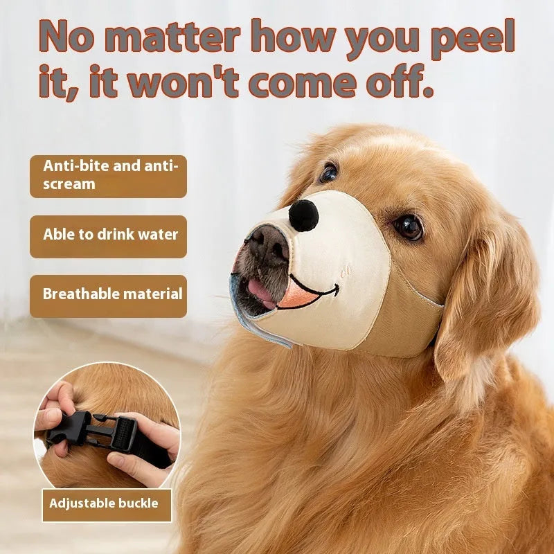 Canvas dog muzzle in Ollie Brown Bear pattern showing size options S M L XL for weight-based fitting