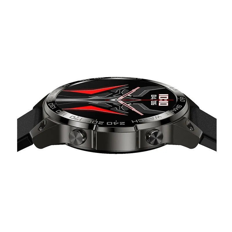 Bluetooth sports watch with round AMOLED display showing fitness metrics on silicone strap