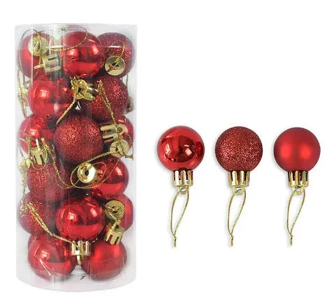 Small 3cm diameter shiny matte plastic Christmas bauble in assorted colours including gold, red, silver, and blue.