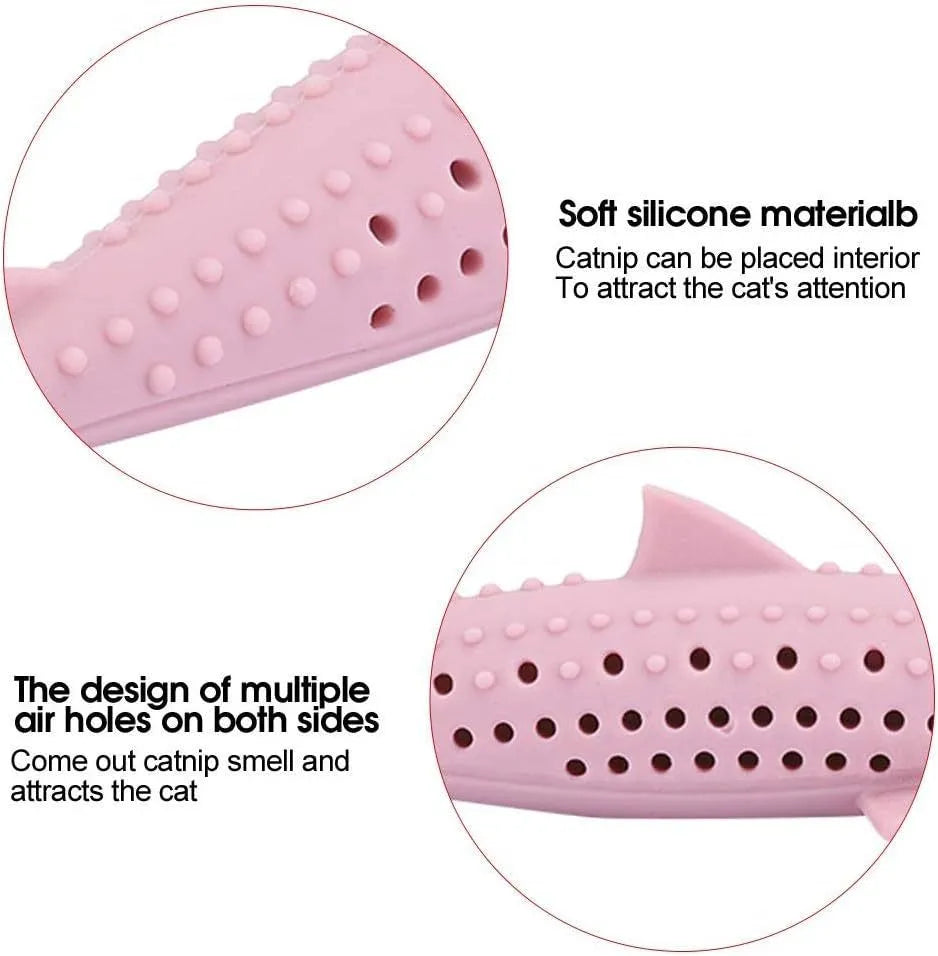 Green pink purple silicone cat fish chew toy with dolphin shape and breathable side holes