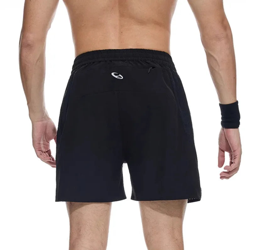 Men's black four-point stretch running shorts with laser-punched stitching detail