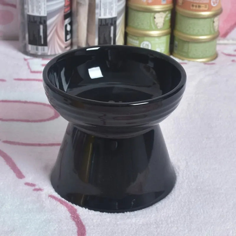 Black ceramic pet bowl with high neck protector and anti-tumble base design
