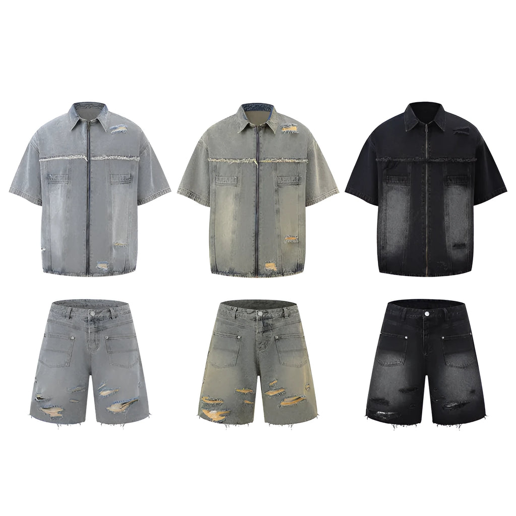 Denim two piece set with short sleeve top and full length trousers in black, blue or yellow mud