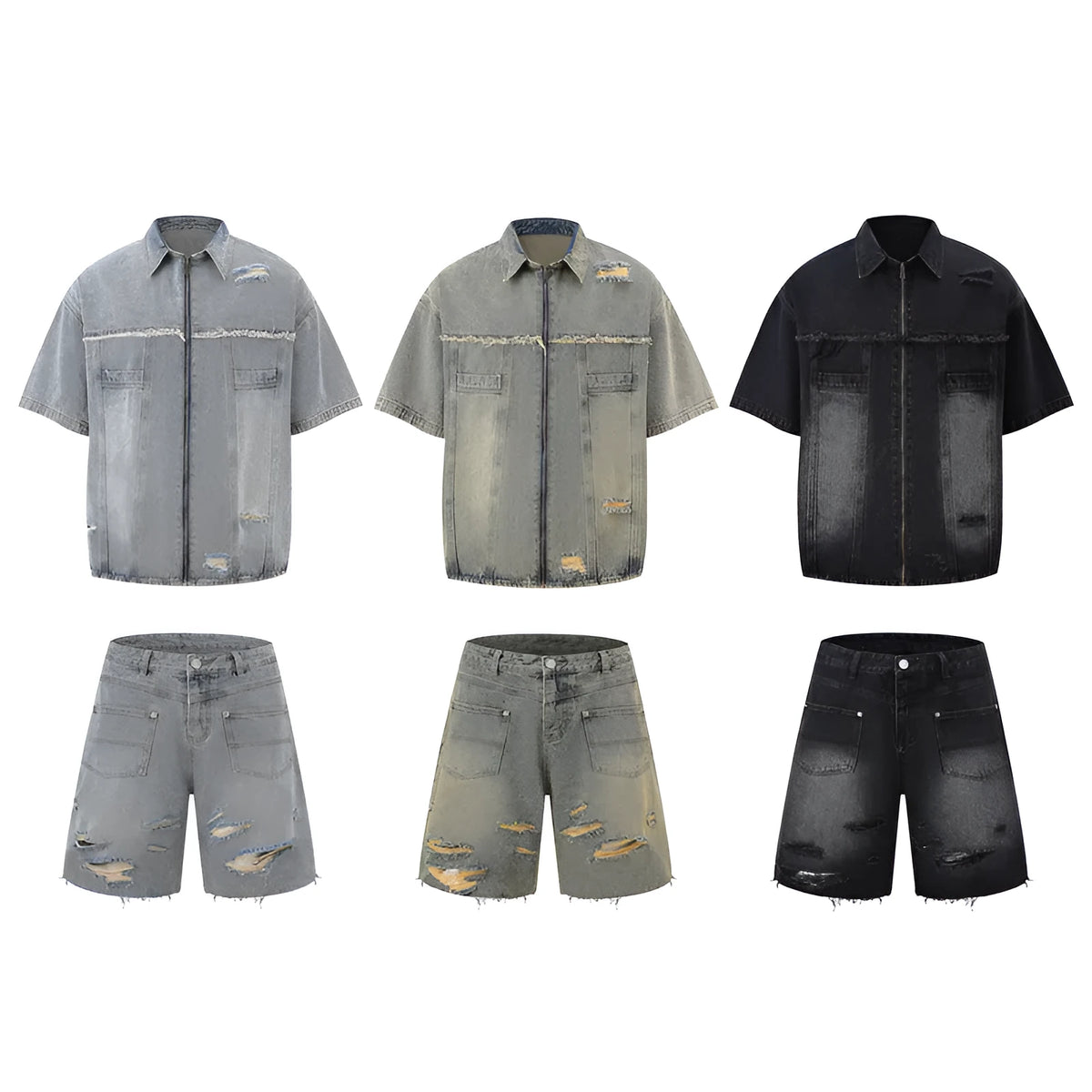 Denim two piece set with short sleeve top and full length trousers in black, blue or yellow mud