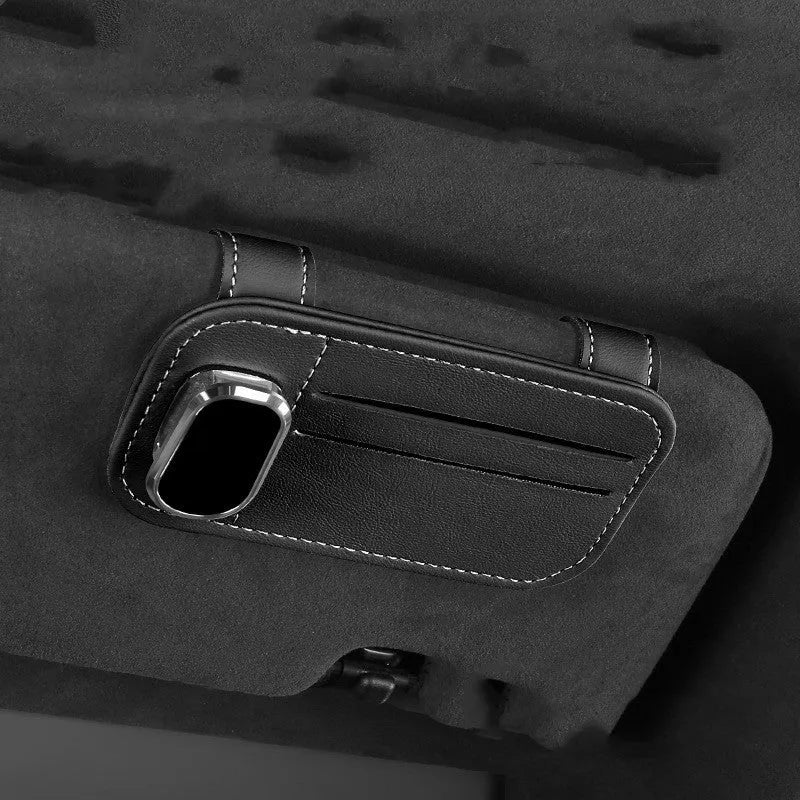 Car sun visor storage organiser with card holder and glasses clip made from cowhide leather