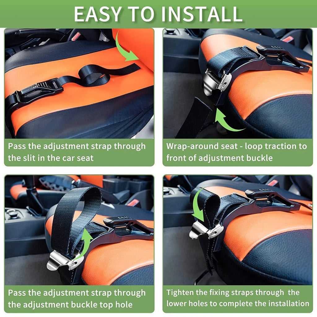 Black pregnancy safety belt with anti-strangulation design and metal buckle on adjustable ABS polyester strap