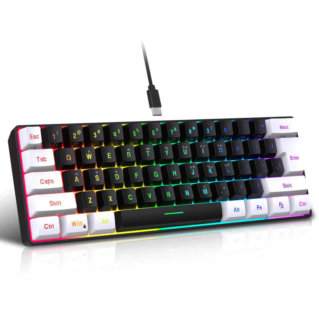 White and black wired 61-key membrane keyboard with USB cable on desk
