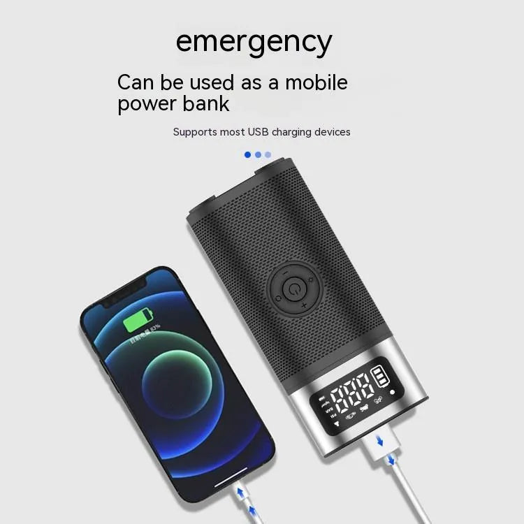 Black portable wireless smart vehicle air pump with hoses and nozzles on a storage bag.