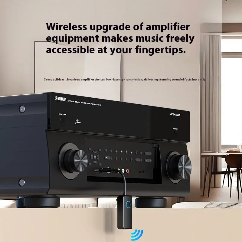 Black Bluetooth 5.4 audio adapter with a 3.5mm plug for wireless music streaming.