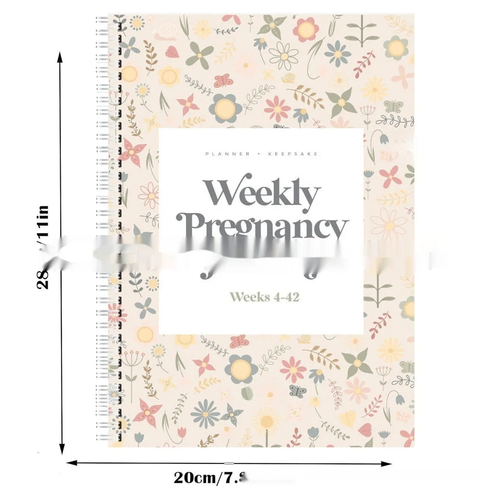 A5 weekly pregnancy diary notebook open to show weekly tracking pages