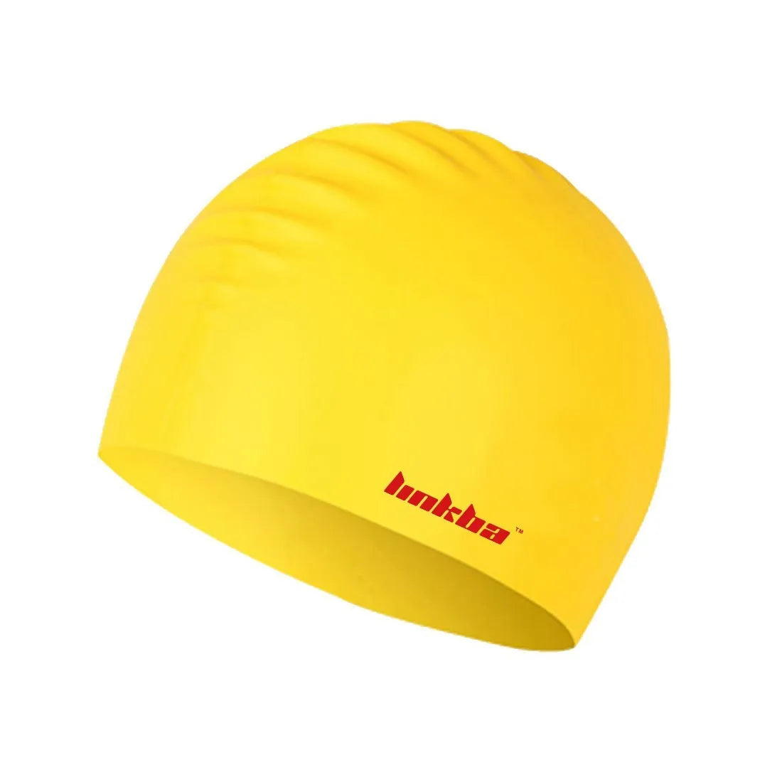 Silicone swimming cap with letter pattern in five colour options for waterproof swimming protection.