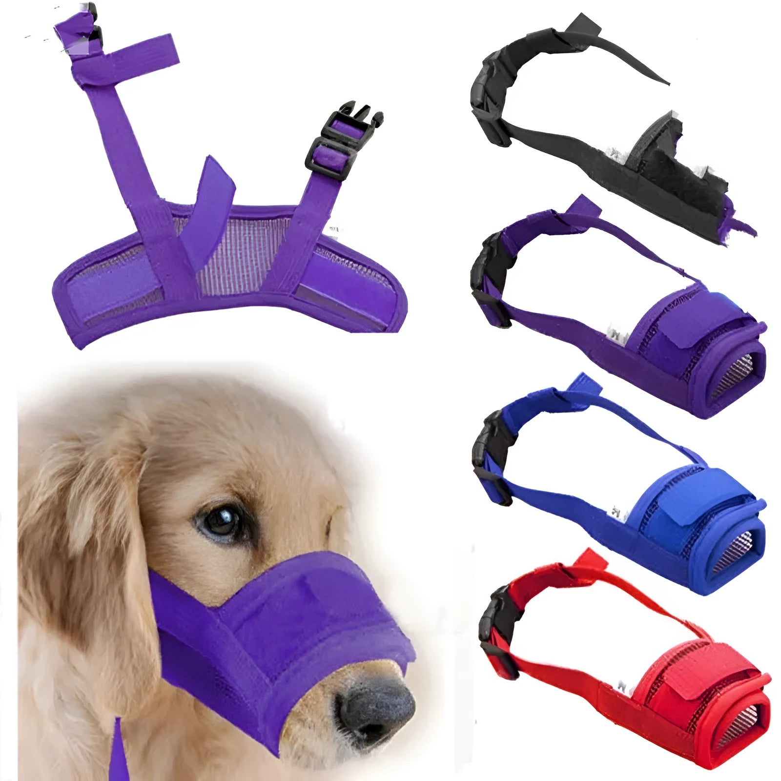 Adjustable plastic dog safety muzzle in multiple colours and sizes for biting control