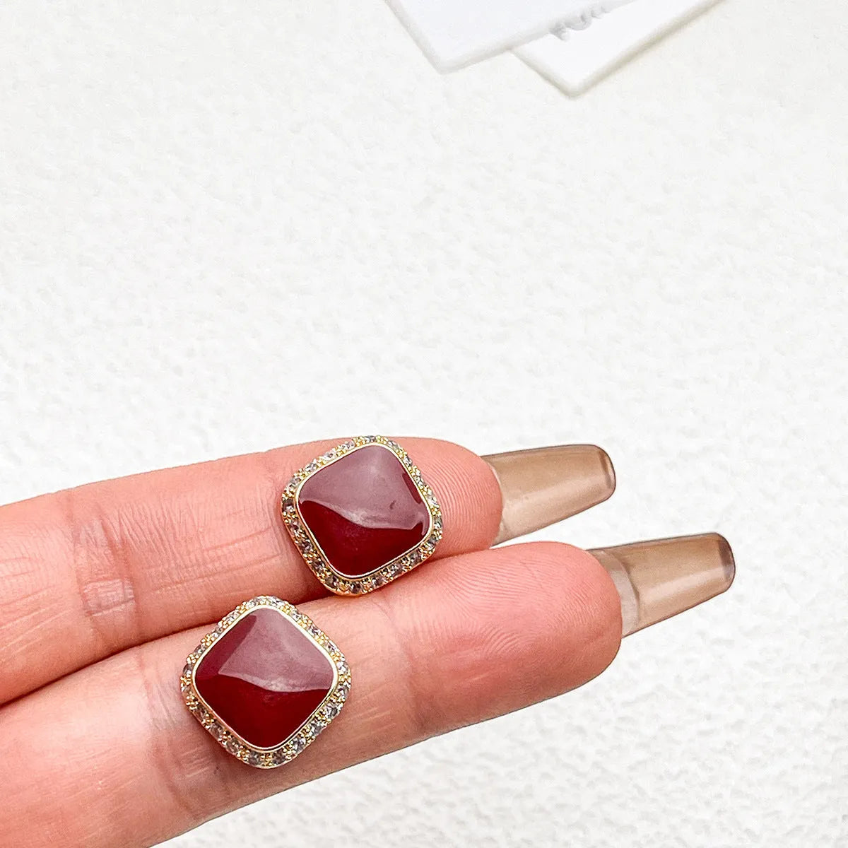 Women's retro red geometric square alloy earrings with inlaid design details